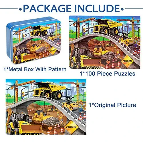 LELEMON Puzzles for Kids Ages 4-8, Construction Site 100 Piece Puzzles for Kids, Educational Kids Puzzles Jigsaw Puzzles in a Metal Box, Children 100 Piece Puzzle Games Puzzle Toys for Girls and Boys - 6