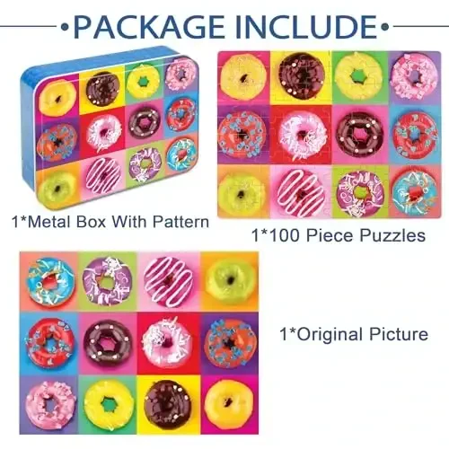 LELEMON Puzzles for Kids Ages 4-8,Donut Puzzle 100 Piece Puzzles for Kids Ages 4-6 in a Metal Box,Educational Jigsaw Puzzles 100 Piece Puzzle Games Toys for Girls and Boys - 7