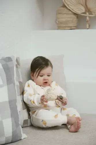 Lemon Patterned Organic Ribbed Baby Jumpsuit-Yellow - 1