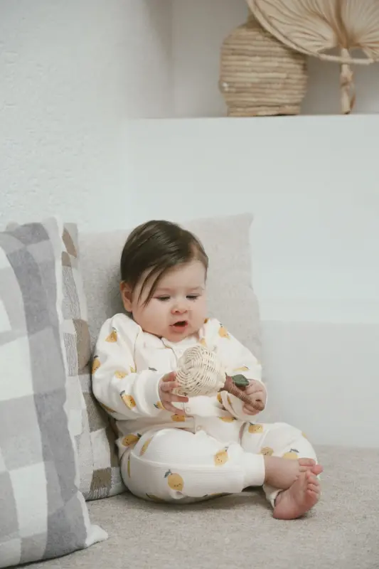 Lemon Patterned Organic Ribbed Baby Jumpsuit-Yellow - DODO'S BABY