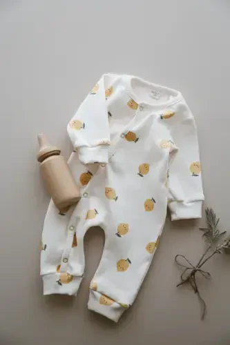 Lemon Patterned Organic Ribbed Baby Jumpsuit-Yellow - 4