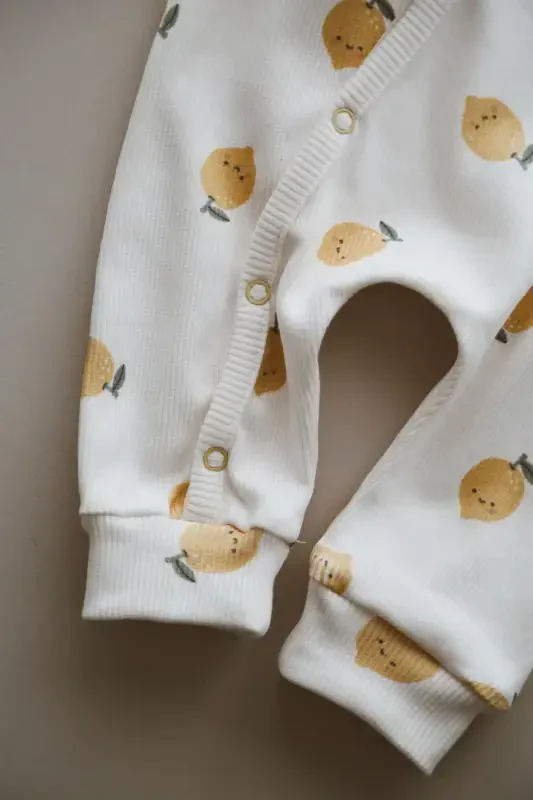 Lemon Patterned Organic Ribbed Baby Jumpsuit-Yellow - 5