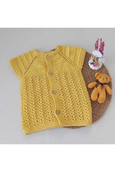Lemon yellow, hand-knitted cotton vest for newborn baby. Buttoned, birth anniversary gift. 0-12 months. - BEGİN (1)