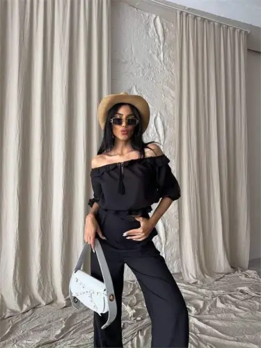 ЛЁН МАДОННА ВОРОТНИК РУКАВ СОЛОМА ПОЛОСА - БРЮЧНЫЙ КОСТЮМ - Чёрный - 1