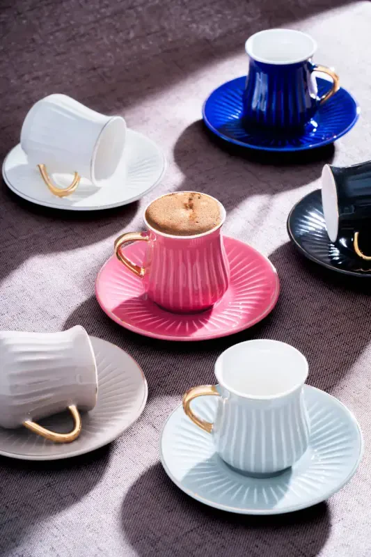 Lena Gold Gilded Colored 6 Person Porcelain Coffee Cup Set - ACAR