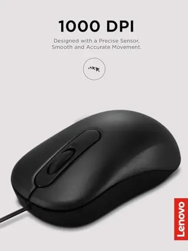 Lenovo 100 Wired USB Computer Mouse for PC, Laptop, Computer with Windows - Full-Size - Ambidextrous Design - 3 Buttons - Red Optical Sensor – Black - 2