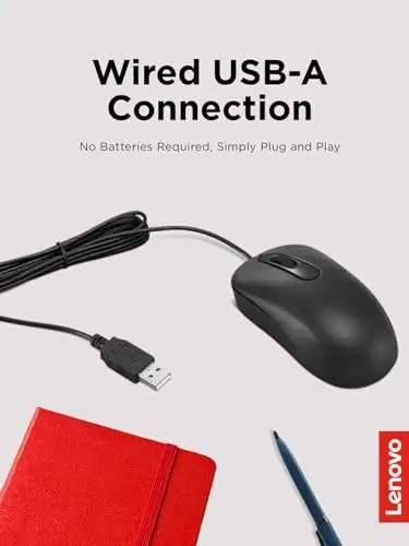 Lenovo 100 Wired USB Computer Mouse for PC, Laptop, Computer with Windows - Full-Size - Ambidextrous Design - 3 Buttons - Red Optical Sensor – Black - 3