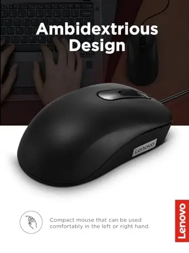 Lenovo 100 Wired USB Computer Mouse for PC, Laptop, Computer with Windows - Full-Size - Ambidextrous Design - 3 Buttons - Red Optical Sensor – Black - 4