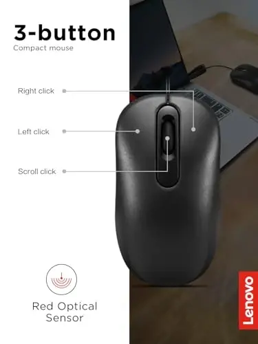 Lenovo 100 Wired USB Computer Mouse for PC, Laptop, Computer with Windows - Full-Size - Ambidextrous Design - 3 Buttons - Red Optical Sensor – Black - 5