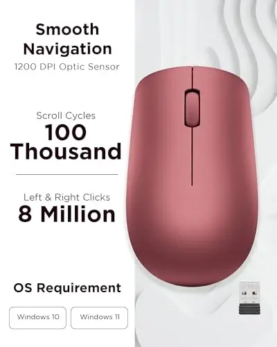 Lenovo 530 Full Size Wireless Computer Mouse for PC, Laptop, Computer with Windows - 2.4 GHz Nano USB Receiver - Ambidextrous Design - 12 Months Battery Life - Cherry Red - 3