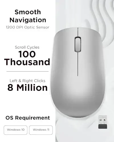 Lenovo 530 Full Size Wireless Computer Mouse for PC, Laptop, Computer with Windows - 2.4 GHz Nano USB Receiver - Ambidextrous Design - 12 Months Battery Life - Platinum Grey - 3
