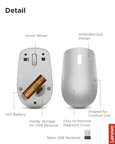Lenovo 530 Full Size Wireless Computer Mouse for PC, Laptop, Computer with Windows - 2.4 GHz Nano USB Receiver - Ambidextrous Design - 12 Months Battery Life - Platinum Grey - 6