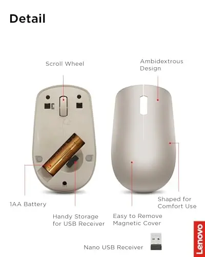 Lenovo 530 simsiz sichqonchasi batareyasi bilan, 2,4 GHz Nano USB, 1200 DPI optik sensor, chap yoki o'ng qo'l uchun ergonomik, yengil, GY50Z18988, bodom - 6