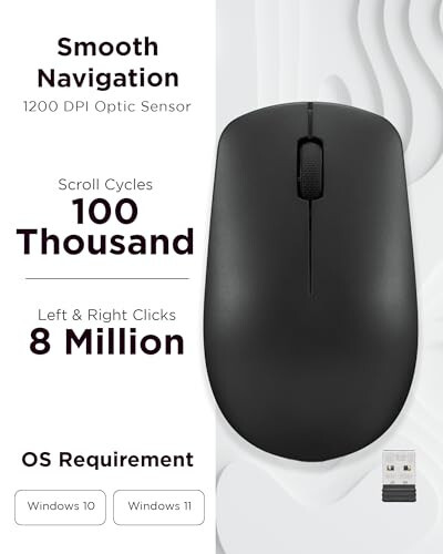 Lenovo 530 Wireless Mouse – Full Size Computer Mouse for PC, Laptop, Windows Computer - 2.4 GHz Nano USB Receiver - Ambidextrous Design - 12 Months Battery Life – Cordless - 3