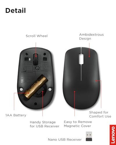 Lenovo 530 Wireless Mouse – Full Size Computer Mouse for PC, Laptop, Windows Computer - 2.4 GHz Nano USB Receiver - Ambidextrous Design - 12 Months Battery Life – Cordless - 6