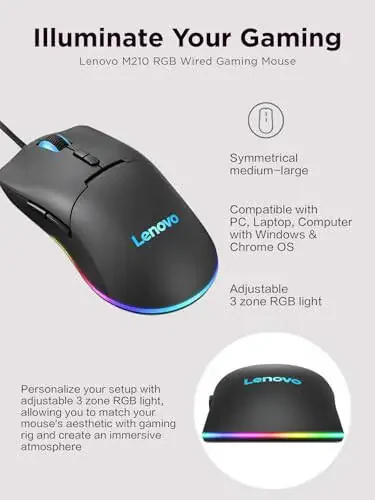 Lenovo M210 RGB Simli O'yin Sichqonchasi Kompyuter, Noutbuk, Windows va Chrome OS bilan mos keladi - 3 Zonali RGB, 8000 DPI Sozlanishi Sensor, 7 Dasturlash mumkin bo'lgan Tugmalar – O'yinchi Uchun Kaft Tutqich Sichqonchasi (Qora) - 3