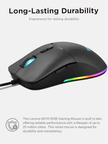 Lenovo M210 RGB Simli O'yin Sichqonchasi Kompyuter, Noutbuk, Windows va Chrome OS bilan mos keladi - 3 Zonali RGB, 8000 DPI Sozlanishi Sensor, 7 Dasturlash mumkin bo'lgan Tugmalar – O'yinchi Uchun Kaft Tutqich Sichqonchasi (Qora) - 5