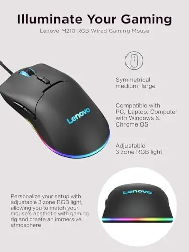 Lenovo M210 RGB Simli O'yin Sichqonchasi Kompyuter, Noutbuk, Windows va Chrome OS bilan mos keladi - 3 Zonali RGB, 8000 DPI Sozlanishi Sensor, 7 Dasturlash mumkin bo'lgan Tugmalar – O'yinchi Uchun Kaft Tutqich Sichqonchasi (Qora) - LENOVO (1)