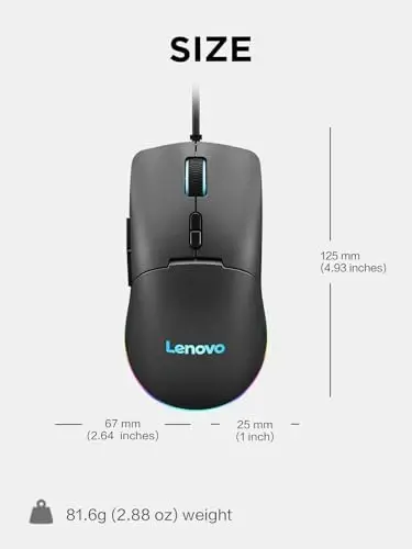 Lenovo M210 RGB Simli O'yin Sichqonchasi Kompyuter, Noutbuk, Windows va Chrome OS bilan mos keladi - 3 Zonali RGB, 8000 DPI Sozlanishi Sensor, 7 Dasturlash mumkin bo'lgan Tugmalar – O'yinchi Uchun Kaft Tutqich Sichqonchasi (Qora) - 5