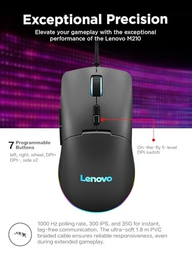 Lenovo M210 RGB Wired Gaming Mouse for PC, Laptop, Computer with Windows & Chrome OS - 3 Zone RGB, 8000 DPI Adjustable Sensor, 7 Programmable Buttons – Palm Grip Mouse for Gamers (Black) - 4