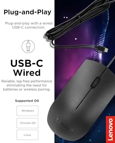 Lenovo USB-C Wired Mouse, Full Size, Ambidextrous Design, Black, Ergonomic Shape, Precision Sensor, Plug-and-Play for Right and Left-Handed Users, Durable Performance Gaming PC - 5