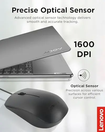 Lenovo USB-C Wired Mouse, Full Size, Ambidextrous Design, Black, Ergonomic Shape, Precision Sensor, Plug-and-Play for Right and Left-Handed Users, Durable Performance Gaming PC - 4