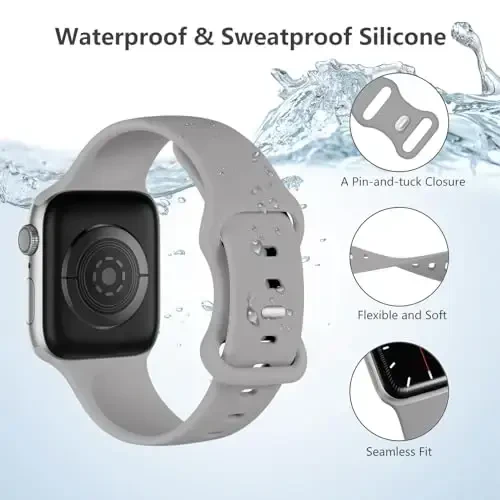 Lenrao Apple Watch tasmalari bilan mos keladi 40mm 42mm 38mm 41mm Ayollar uchun, kulrang silikon sport suvga chidamli sozlanishi tasmalar iWatch Bands/Watch Series 10/9/8/7/6/5/4/3/2/1 SE Ultra uchun - 3