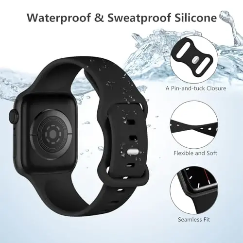 Lenrao, Kadınlar için Apple Watch Kordonları 40mm 42mm 38mm 41mm ile Uyumlu, Siyah Silikon Spor Su Geçirmez Ayarlanabilir iWatch Kordonları/Saat Serisi 10/9/8/7/6/5/4/3/2/1 SE Ultra için Kayışlar - 4