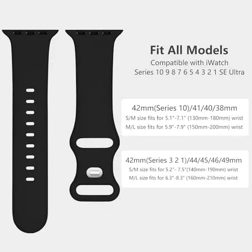 Lenrao, Kadınlar için Apple Watch Kordonları 40mm 42mm 38mm 41mm ile Uyumlu, Siyah Silikon Spor Su Geçirmez Ayarlanabilir iWatch Kordonları/Saat Serisi 10/9/8/7/6/5/4/3/2/1 SE Ultra için Kayışlar - 5