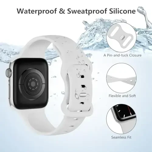 Lenrao совместим с ремешками Apple Watch 40 мм 42 мм 38 мм 41 мм для женщин, белые силиконовые спортивные водонепроницаемые регулируемые ремешки для ремешков iWatch Watch Series 10/9/8/7/6/5/4/3/2/1 SE Ultra - 3