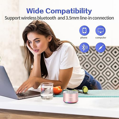 LENRUE A2 Portable Wireless Bluetooth Speaker with Lights and Lanyard, 5W Mini Small Metal Speakers Bluetooth 5.0/Aux-in for iPhone Android Home Outdoor, Gifts for Women/Girls - 3