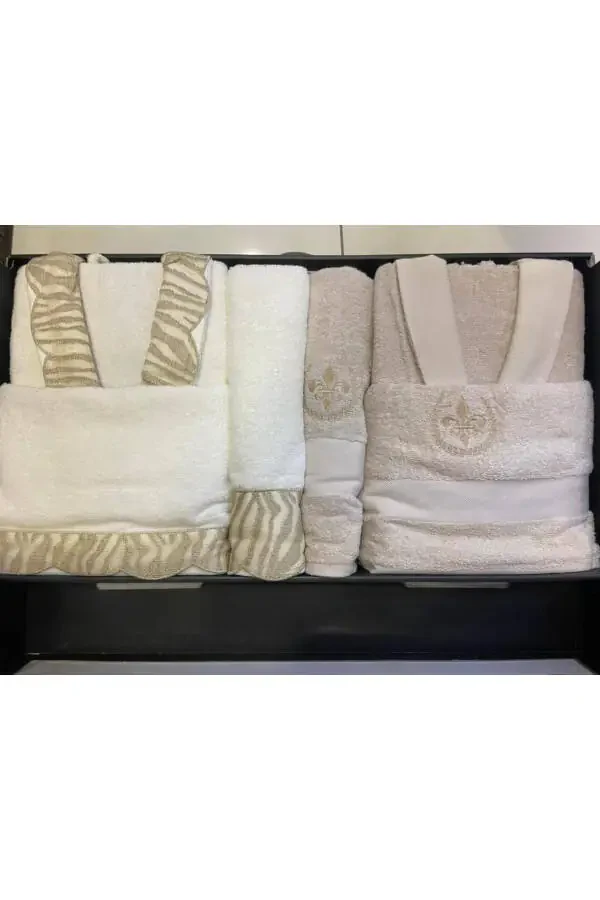 LEO Bamboo Lace Embroidered Family Robe Set Cream/Beige - 1