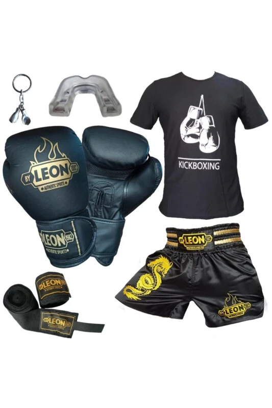 Leon Boks Eldiveni, Leon Kick Boks Şortu, Tişört, Bandaj, Dişlik Seti Siyah - BY LEON 1982