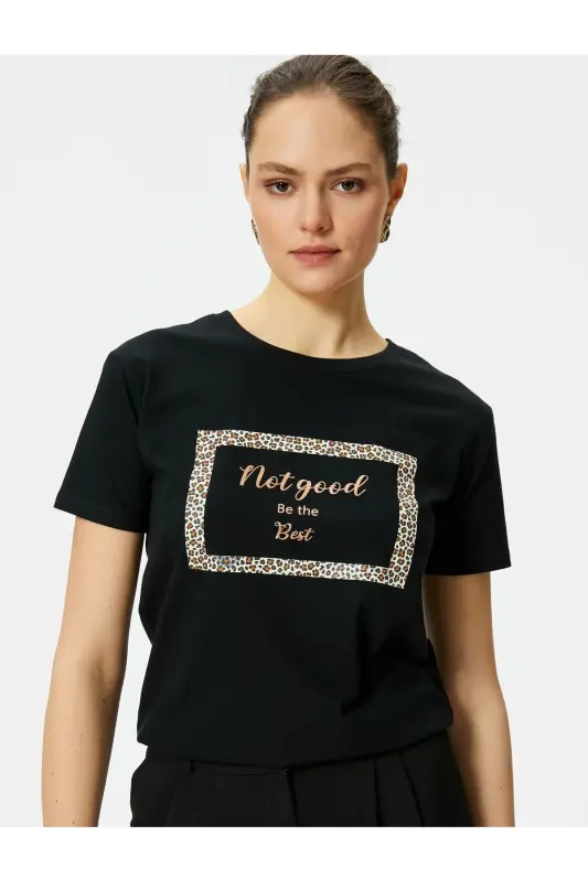 T-Shirt mit Leopardenmuster, Rundhalsausschnitt, kurze Ärmel, Baumwolle - Schwarz - 2