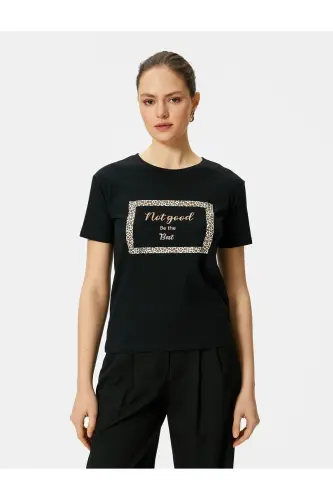 T-Shirt mit Leopardenmuster, Rundhalsausschnitt, kurze Ärmel, Baumwolle - Schwarz - 3