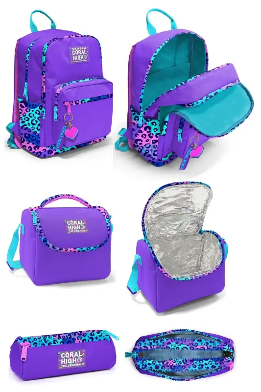 Leopar Desenli 3'lü SET Okul Sırt Çantası-MOR - 1