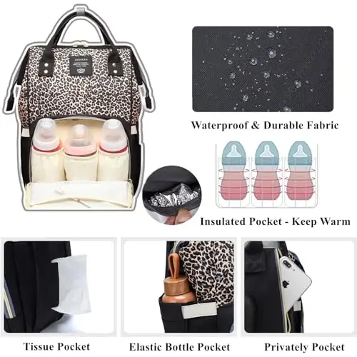 Armbq Leopard Print Diaper Bag Backpack Multi-Function Diaper Bag for Baby Care Waterproof Travel Baby Bag for Mom Gray - 5