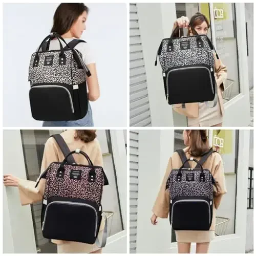 Leopard Print Diaper Bag Backpack Multi-Function Diaper Bag for Baby Care Waterproof Travel Baby Bag for Mom Brown - 5