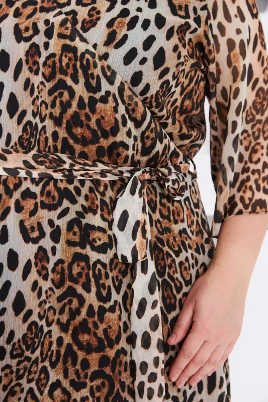 Leopar Desenli Büyük Beden Astarlı Günlük Elbise Vizon - 3