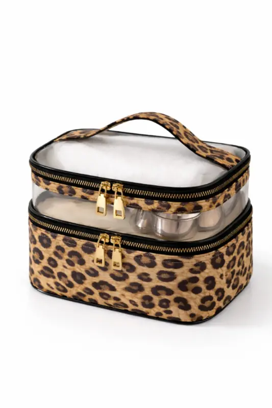 Leopar Desenli Seyahat Bakım Çantası Şeffaf Bölmeli- 2 Bölmeli FONKSİYONLU ORGANİZER - Leopar Desen - WOYS BAGS