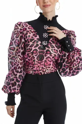 Leopar Desenli Taş Detaylı Balon Kollu Şeffaf Fuşya Bluz 39041 - 3