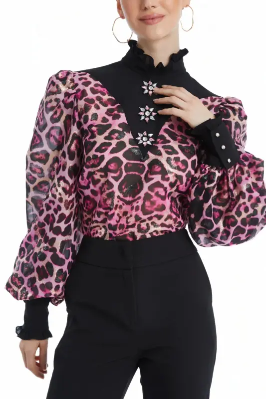 Leopar Desenli Taş Detaylı Balon Kollu Şeffaf Fuşya Bluz 39041 - 3