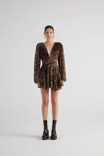 Leopar Desenli V Yaka MiniJanetElbise Kahve - Kahve - 6