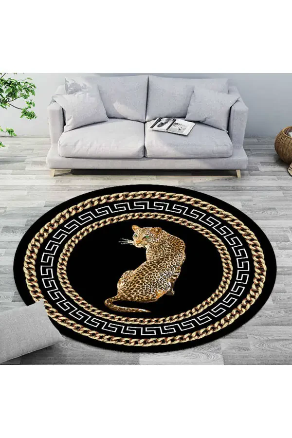 Leopar Desenli Yuvarlak Halı, Makinede Yıkanabilir Dot Taban Salon Halısı Mutfak Halısı - 2