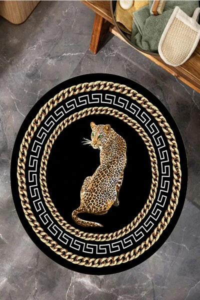 Leopar Desenli Yuvarlak Halı, Makinede Yıkanabilir Dot Taban Salon Halısı Mutfak Halısı - 3