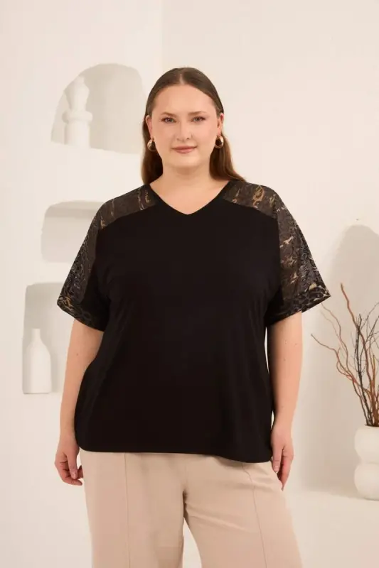 Leopar File Garnili Kadın Büyük Beden Tişört Siyah - BÜYÜKBEDENIZ