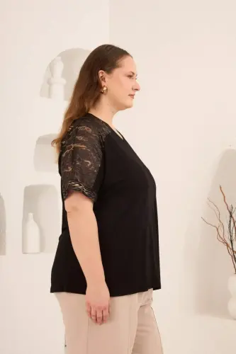 Leopar File Garnili Kadın Büyük Beden Tişört Siyah - 3