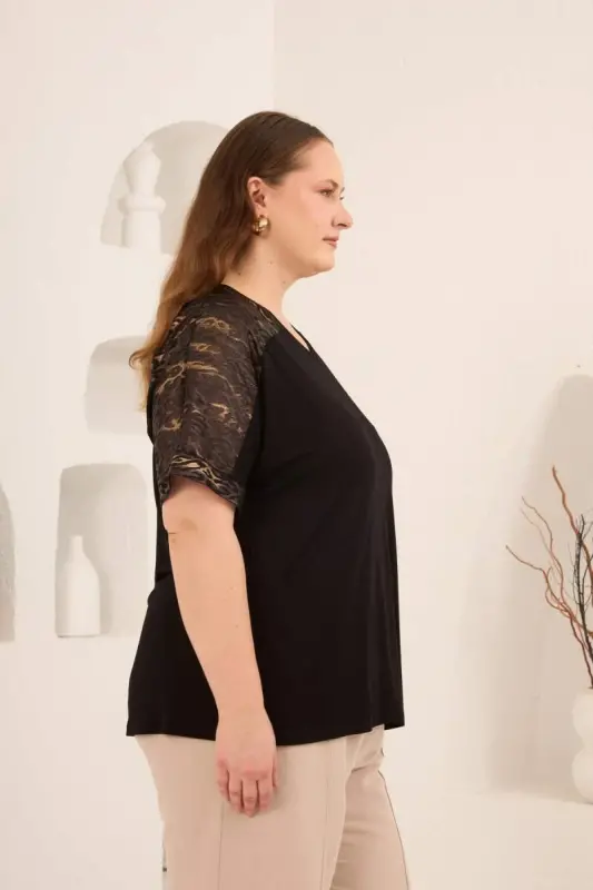 Leopar File Garnili Kadın Büyük Beden Tişört Siyah - 3