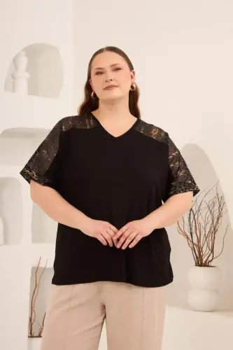 Leopar File Garnili Kadın Büyük Beden Tişört Siyah - 4