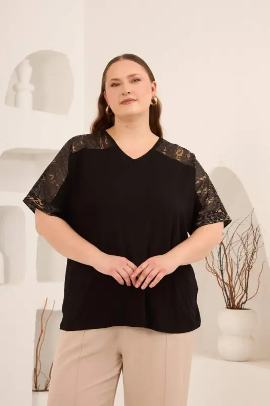 Leopar File Garnili Kadın Büyük Beden Tişört Siyah - 4